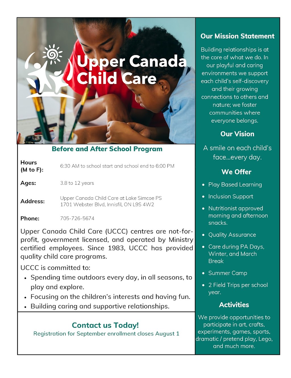Upper Canada Child Care at Lake Simcoe PS (Innisfil) | 1701 Webster Blvd, Innisfil, ON L9S 4W2, Canada | Phone: (705) 726-5674 ext. 203