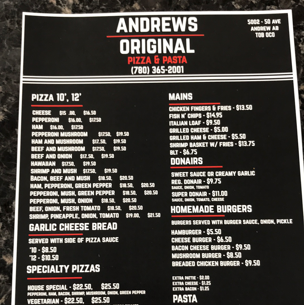 Andrews Original Pizza & Pasta | 5002 50 Ave, Andrew, AB T0B 0C0, Canada | Phone: (780) 365-2001