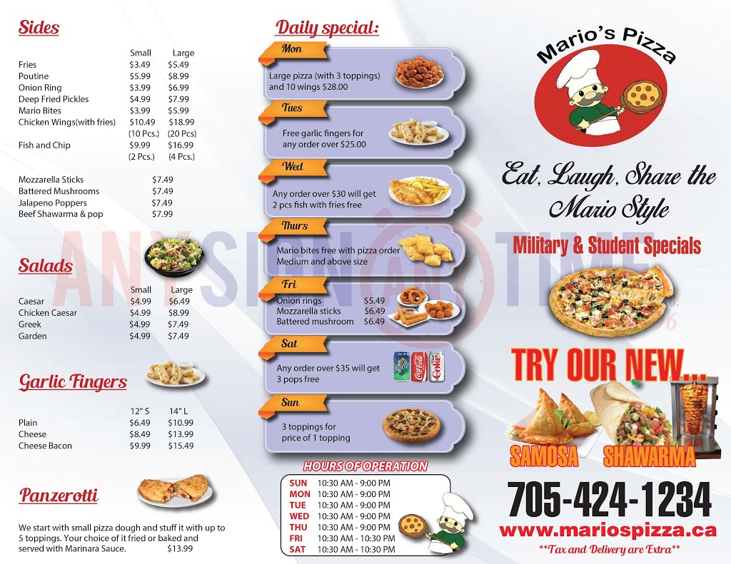 Marios Pizza | 4 Massey St, Angus, ON L0M 1B0, Canada | Phone: (705) 424-1234