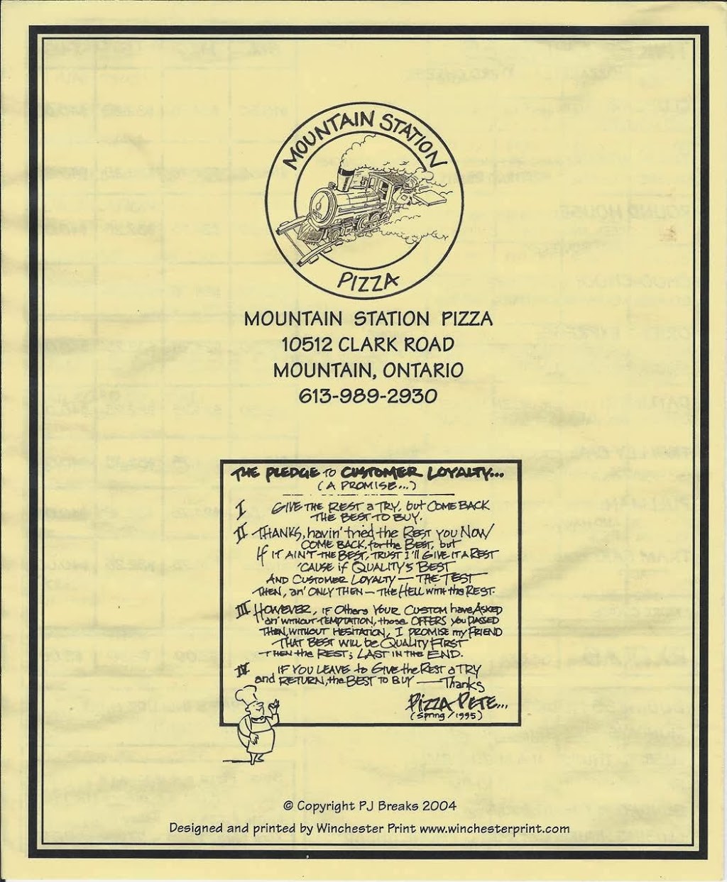 Mountain Station Pizza | restaurant | 10512 Clark Rd, Mountain, ON K0E 1S0, Canada | 6139892930 OR +1 613-989-2930