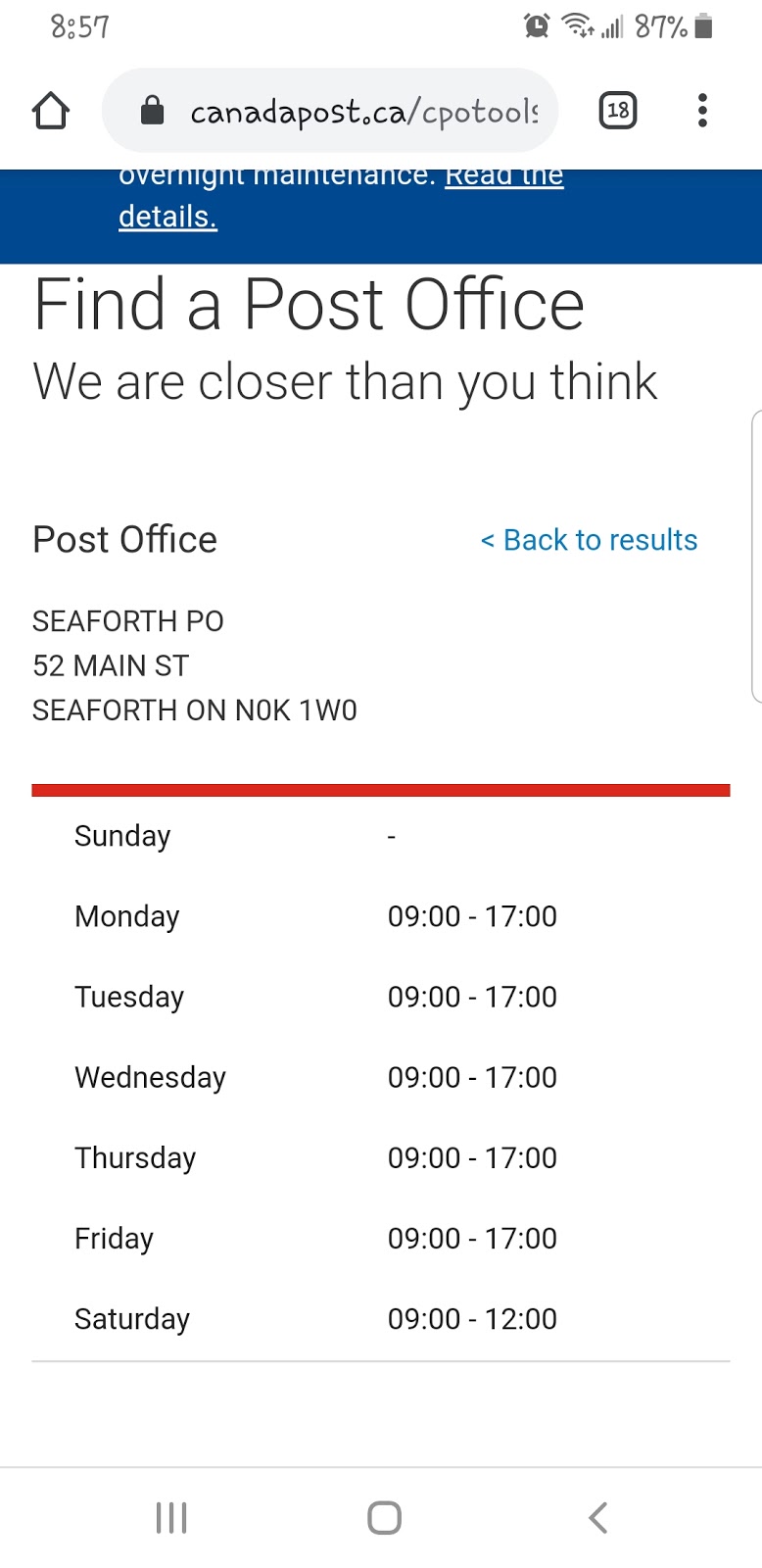 Seaforth Post Office | 52 MAIN ST, Seaforth, ON N0K 1W0, Canada | Phone: (519) 527-0031