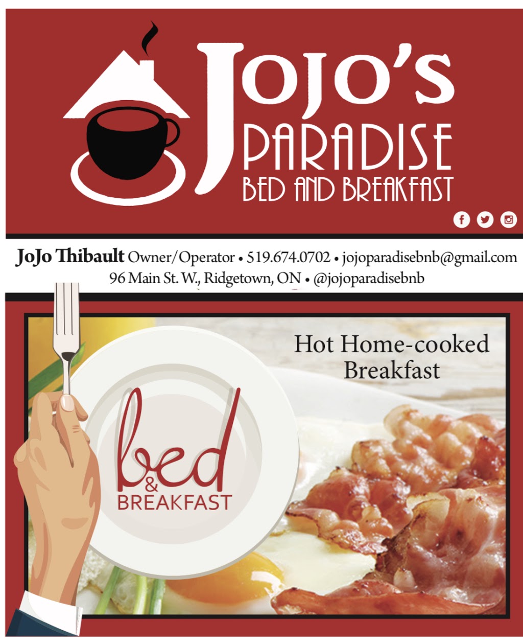 JOJOs Paradise Bed & Breakfast/SPA/Bakery Café | 96 Main St W, Ridgetown, ON N0P 2C0, Canada | Phone: (519) 674-0702