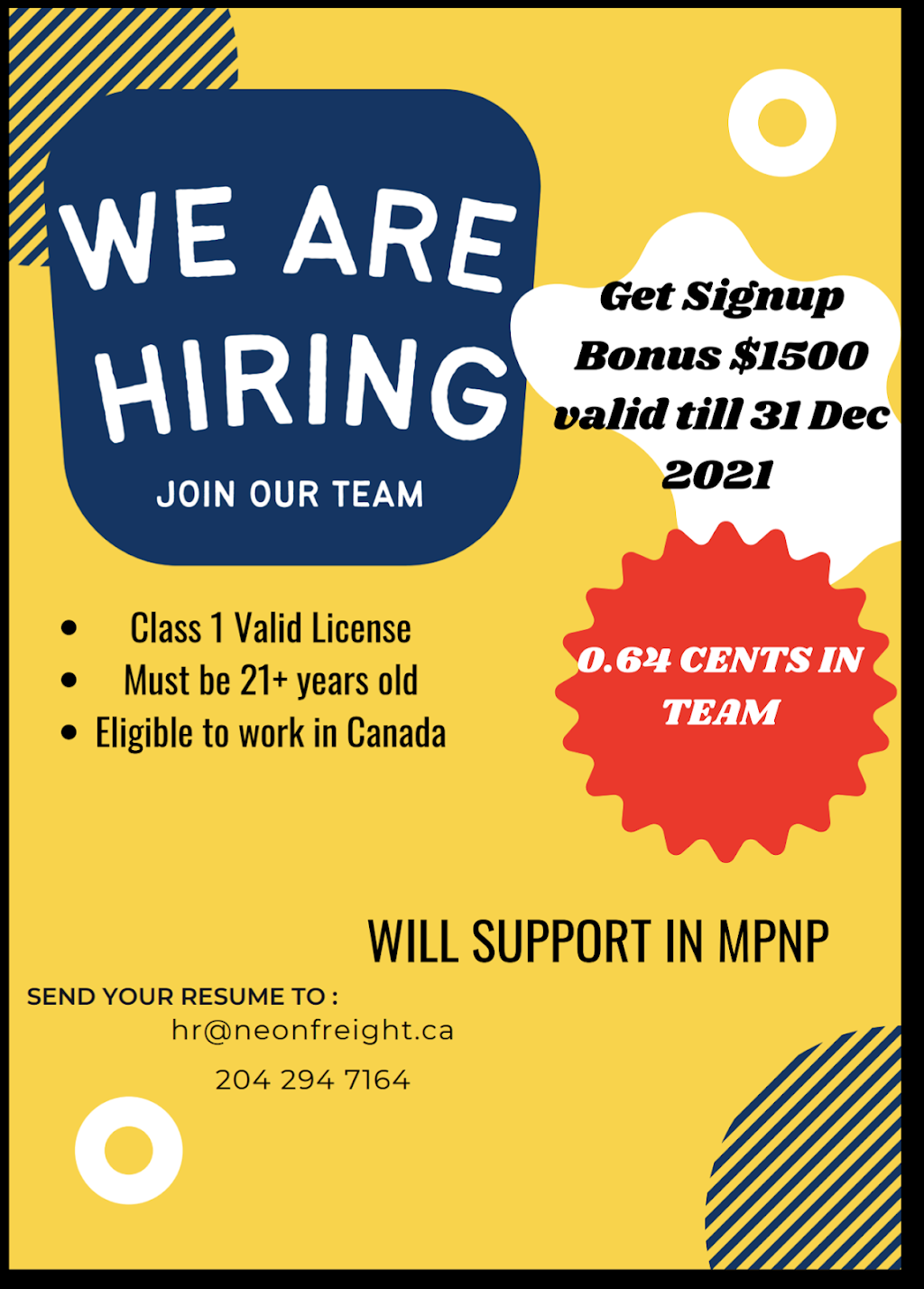 Neon Freight Inc. yard | Clover Dr, Stony Mountain, MB R0C 3A0, Canada | Phone: (204) 294-7164