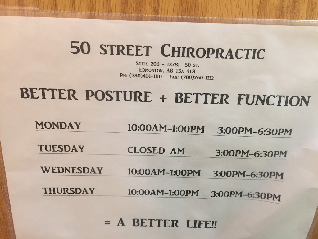 50th Street Chiropractic | 12781 50 St NW #206, Edmonton, AB T5A 4L8, Canada | Phone: (780) 414-1110