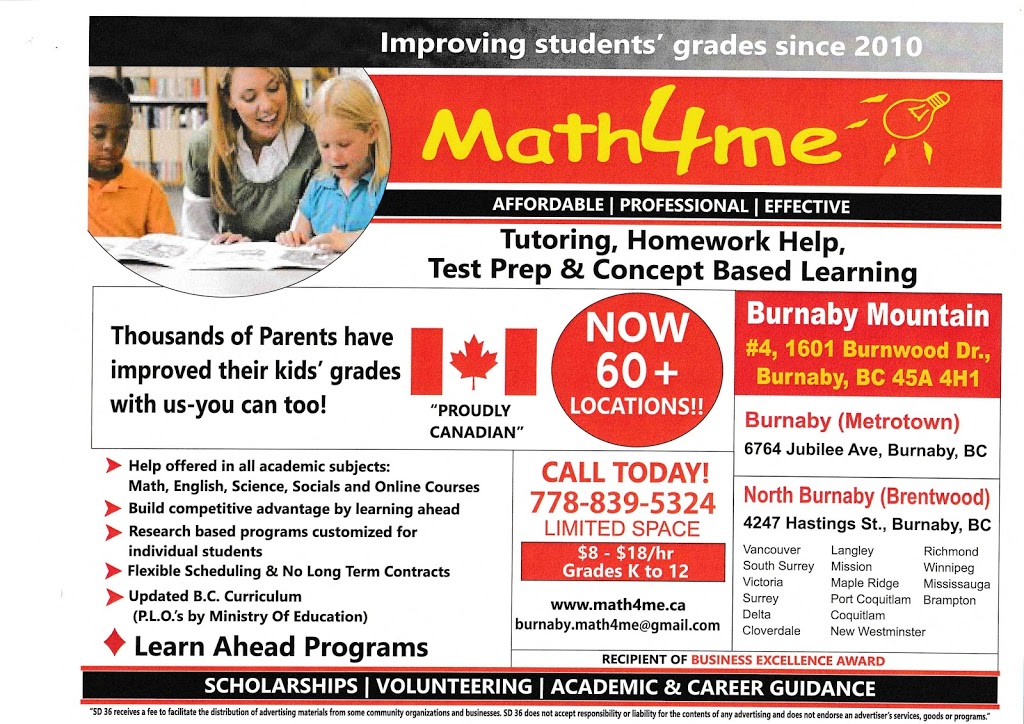 Math4me Burnaby Mountain | 1601 Burnwood Dr Unit # 6, Burnaby, BC V5A 4H1, Canada | Phone: (778) 839-5324