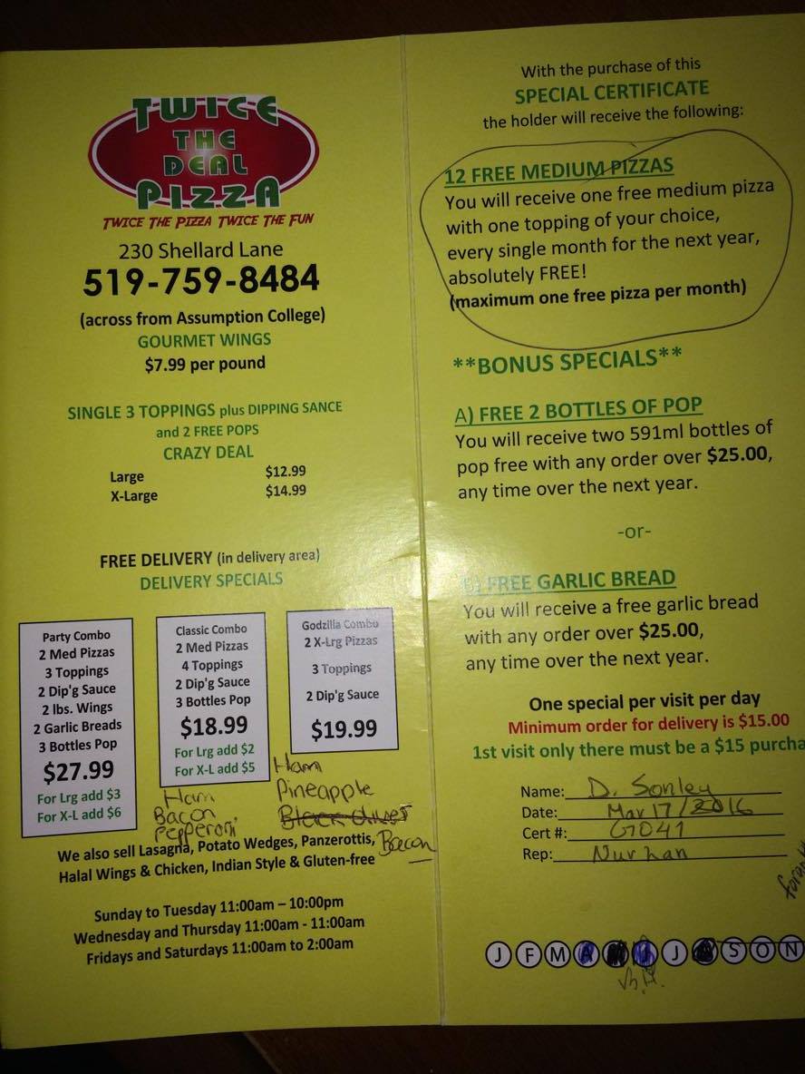 Twice The Deal Pizza | 230 Shellard Ln, Brantford, ON N3T 5L5, Canada | Phone: (519) 759-8484