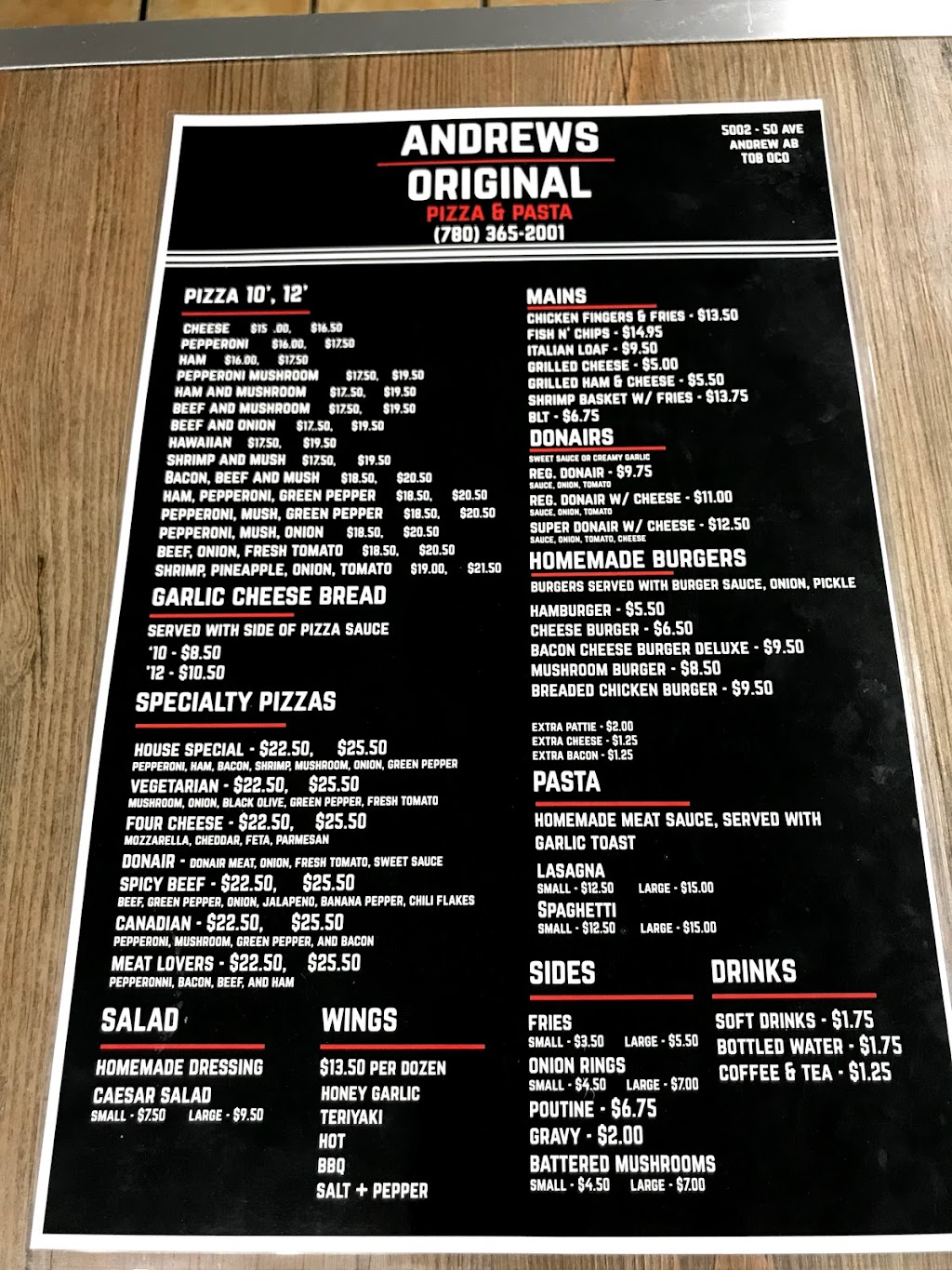 Andrews Original Pizza & Pasta | 5002 50 Ave, Andrew, AB T0B 0C0, Canada | Phone: (780) 365-2001