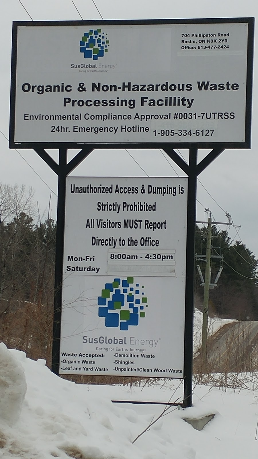 SusGlobal Energy Belleville Ltd. | 704 Phillipston Rd, Roslin, ON K0K 2Y0, Canada | Phone: (613) 477-2424