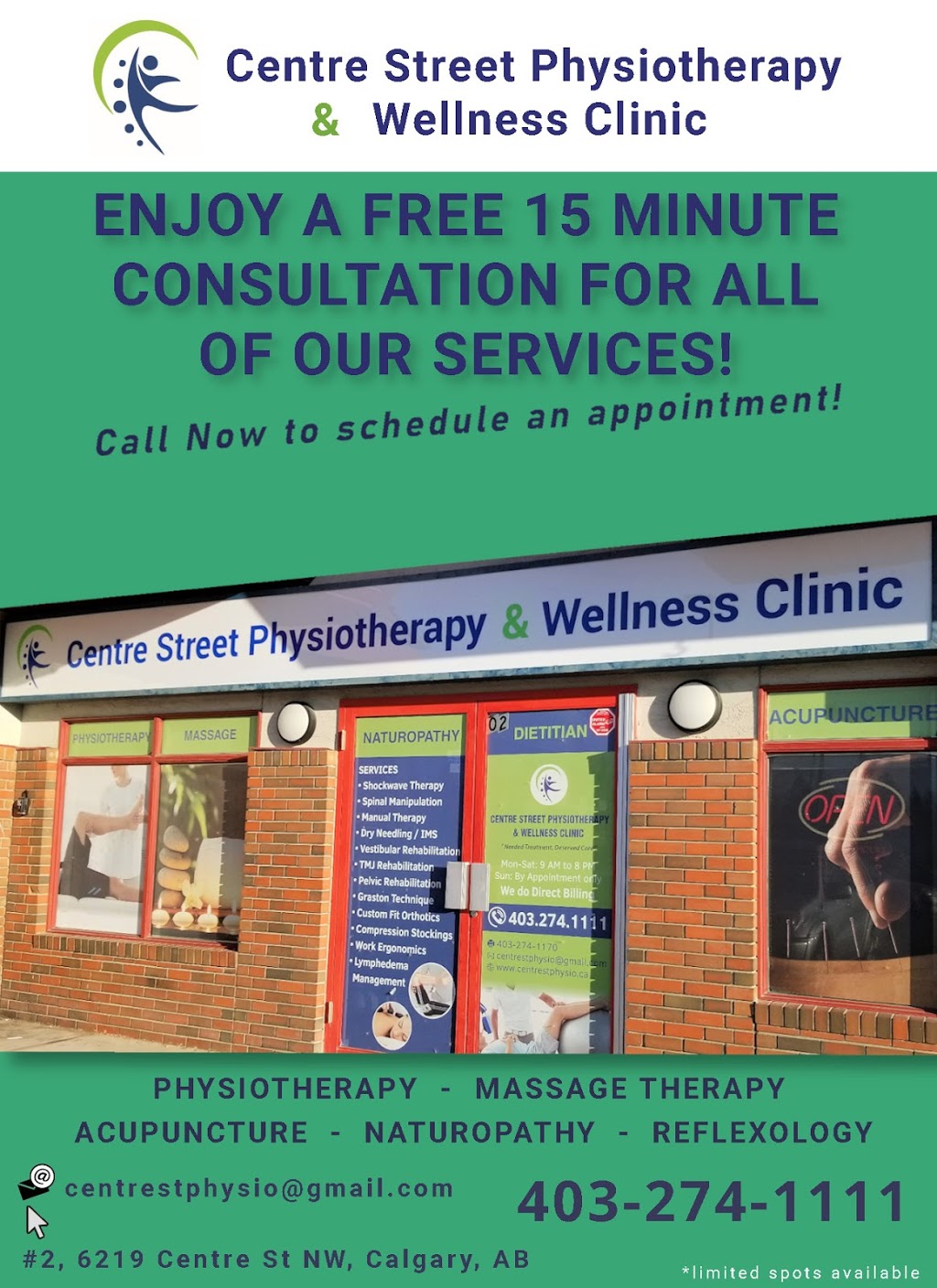 Centre Street Physiotherapy & Wellness Clinic | 6219 Centre St NW Unit 2, Calgary, AB T2K 0V2, Canada | Phone: (403) 274-1111
