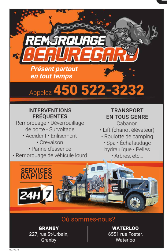 Remorquage Beauregard | 6551 Rue Foster, Waterloo, QC J0E 2N0, Canada | Phone: (450) 522-3232