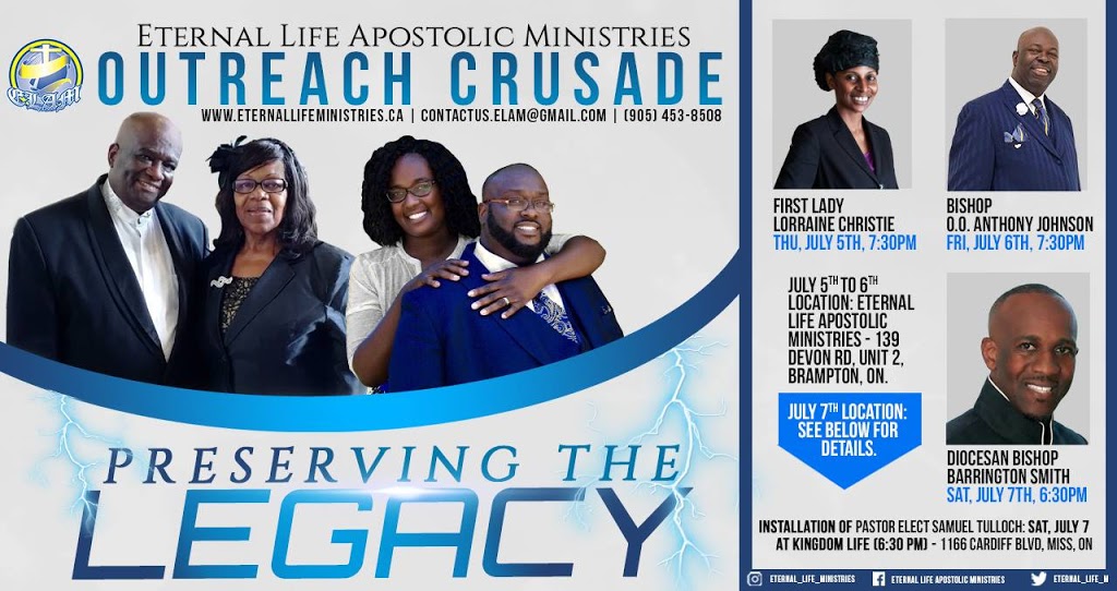 Eternal Life Apostolic Ministries | 139 Devon Rd #2, Brampton, ON L6T 5L8, Canada | Phone: (905) 453-8508