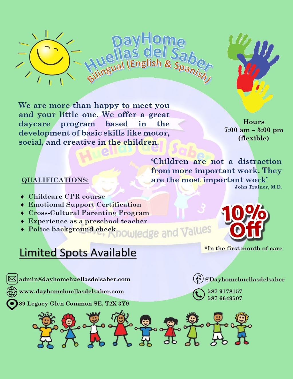 Dayhome Huellas del Saber | 89 Legacy Glen Common SE, Calgary, AB T2X 3Y9, Canada | Phone: (587) 917-8157