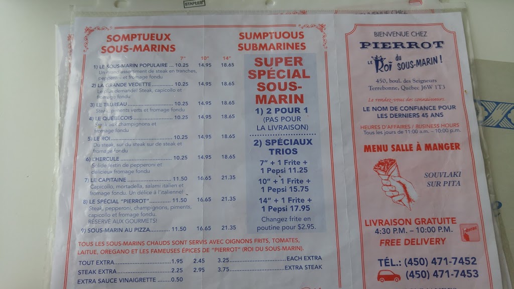 Chez Pierrot Le Roi Soumarin | 450 Boulevard des Seigneurs, Terrebonne, QC J6W 1T3, Canada | Phone: (450) 471-7452