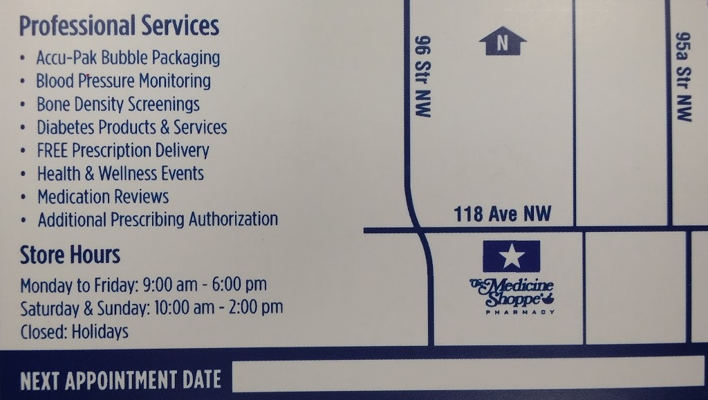 The Medicine Shoppe Pharmacy | 9559 118 Ave NW, Edmonton, AB T5G 0N9, Canada | Phone: (780) 477-3779