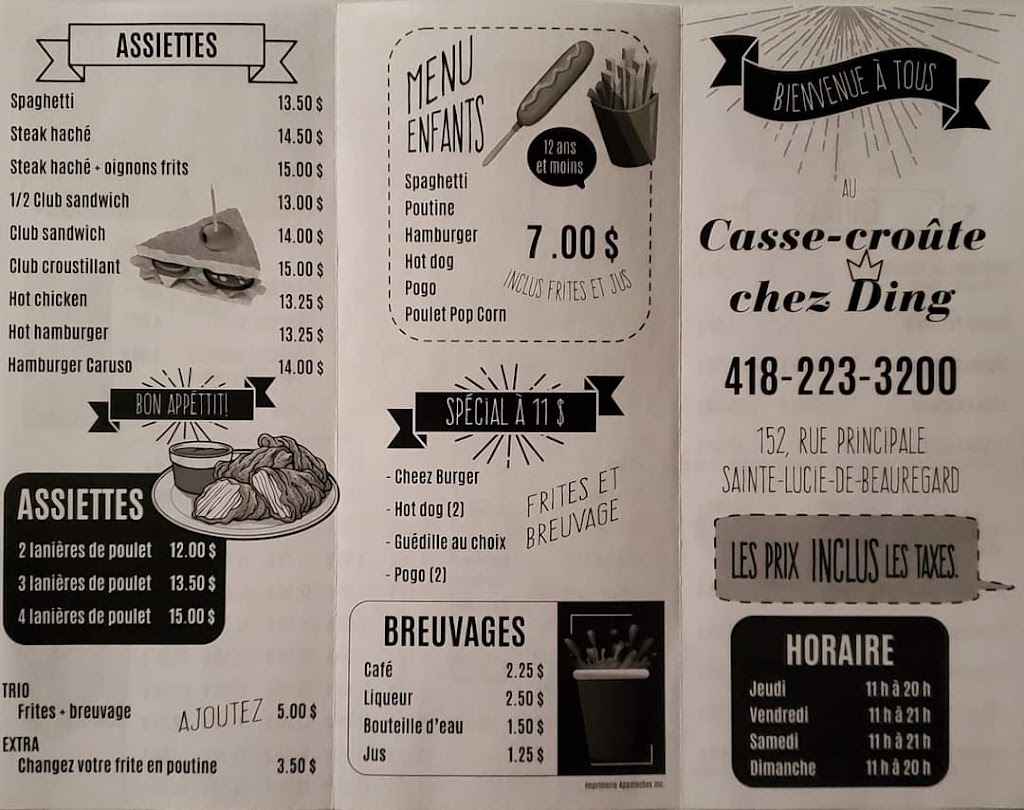 Casse Croûte Chez Ding | restaurant | 152 Rue Principale, Sainte-Lucie-de-Beauregard, QC G0R 3L0, Canada | 4182233200 OR +1 418-223-3200