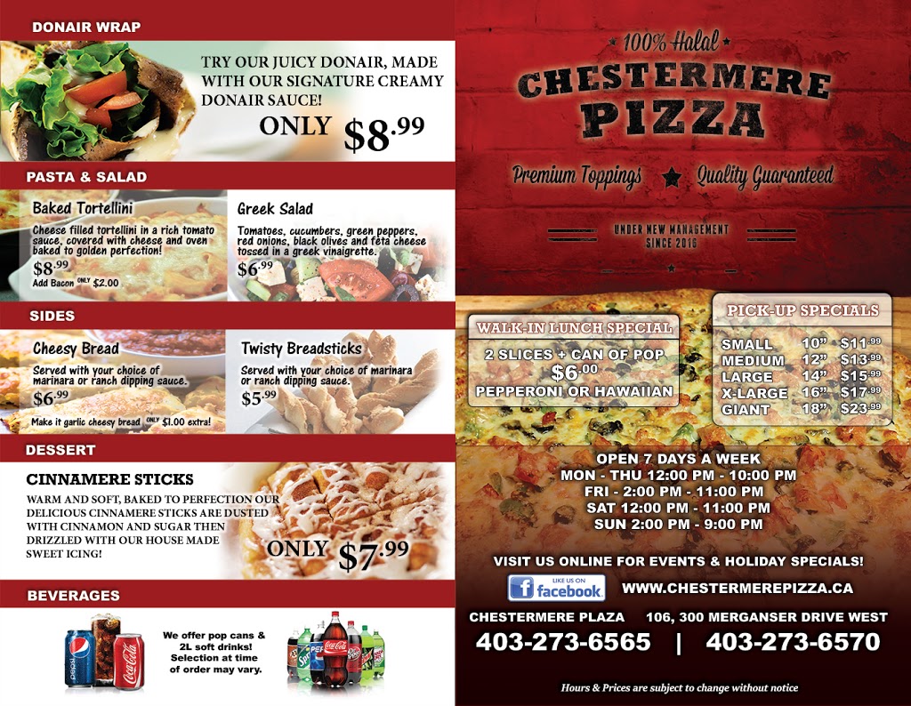 Chestermere Pizza | 300 Merganser Dr W # 106, Chestermere, AB T1X 1L6, Canada | Phone: (403) 273-6565