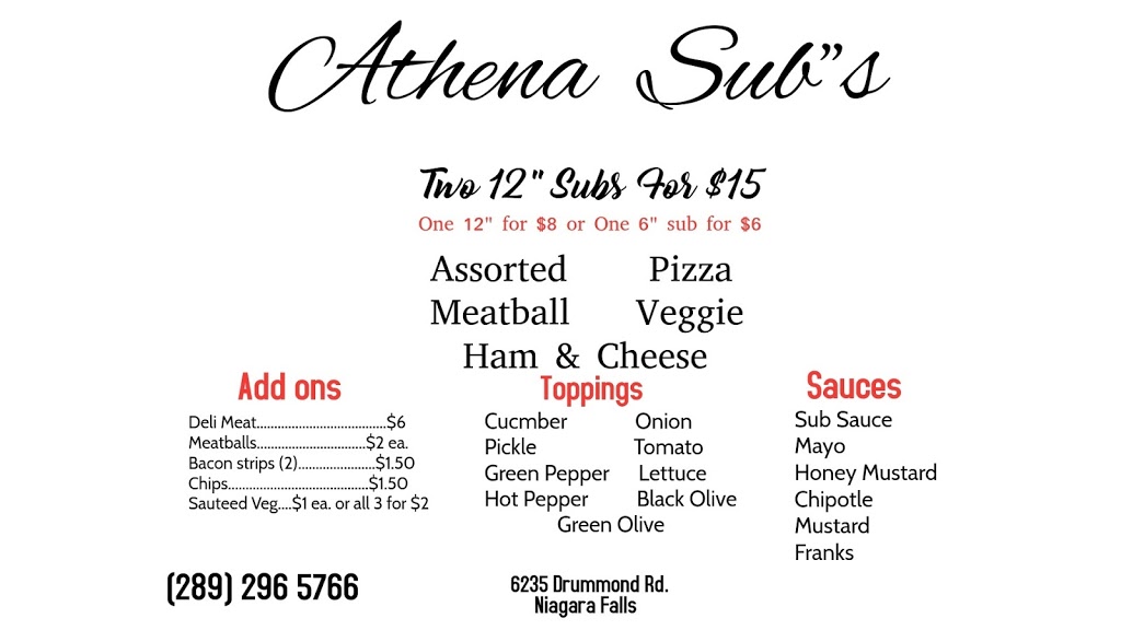 Athenas Subs | 6235 Drummond Rd, Niagara Falls, ON L2G 4M5, Canada | Phone: (289) 296-5766