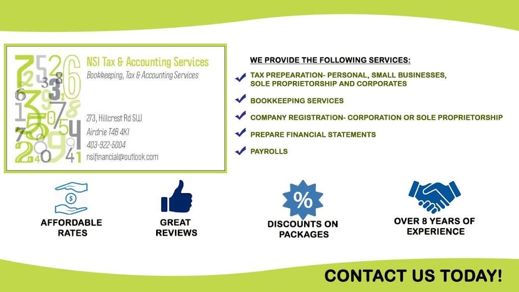 NSI Accounting & Financial Services | 273 Hillcrest Rd SW, Airdrie, AB T4B 0K1, Canada | Phone: (403) 922-5004