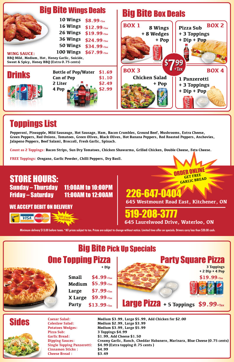 Big Bite Pizza + Wings | 645 Laurelwood Dr, Waterloo, ON N2V 2S9, Canada | Phone: (519) 208-3777