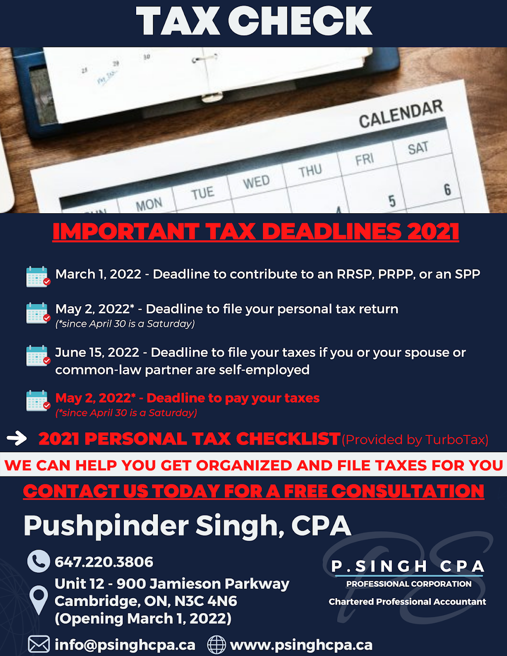 PSingh CPA Professional Corporation | 900 Jamieson Pkwy Unit 12, Cambridge, ON N3C 4N6, Canada | Phone: (647) 220-3806