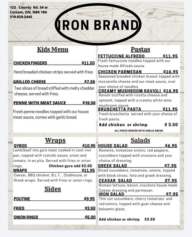 Iron Brand Grill House | restaurant | 123 County Rd 34, Cottam, ON N0R 1B0, Canada | 5198395445 OR +1 519-839-5445