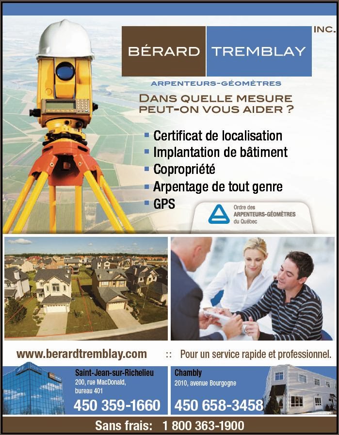 Bérard Tremblay Inc. Land Surveyors | 2010 Avenue Bourgogne, Chambly, QC J3L 1Z6, Canada | Phone: (450) 658-3458