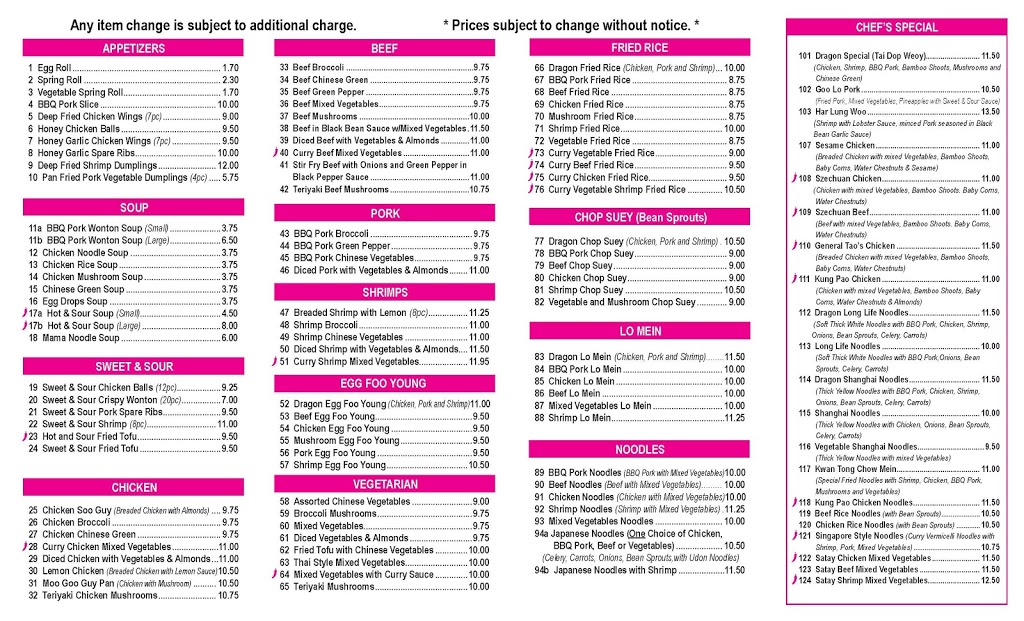 Dragon Chinese Food | 170 McNaughton Ave W, Chatham, ON N7L 1R2, Canada | Phone: (519) 351-8323