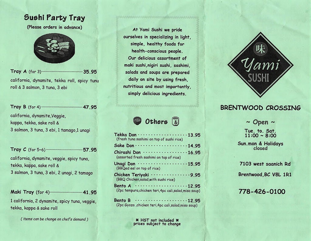 Yami Sushi | 7103 W Saanich Rd, Brentwood Bay, BC V8M 1R1, Canada | Phone: (778) 426-0100