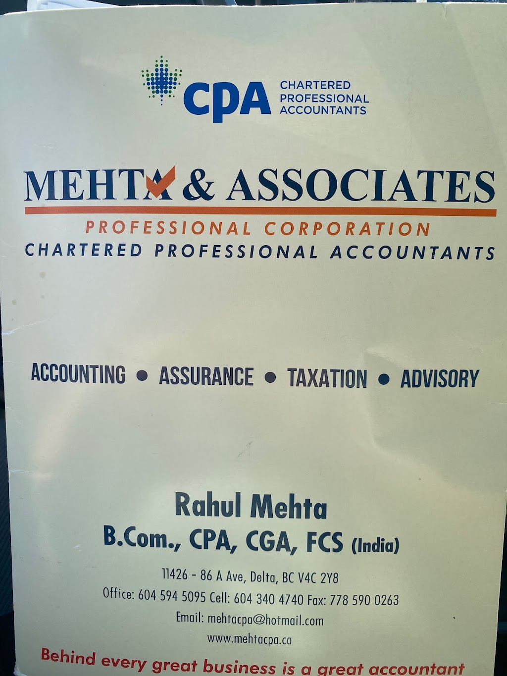 MEHTA & ASSOCIATES, CHARTERED PROFESSIONAL ACCOUNTANT | 11426 86a Ave, Delta, BC V4C 2Y8, Canada | Phone: (604) 340-4740
