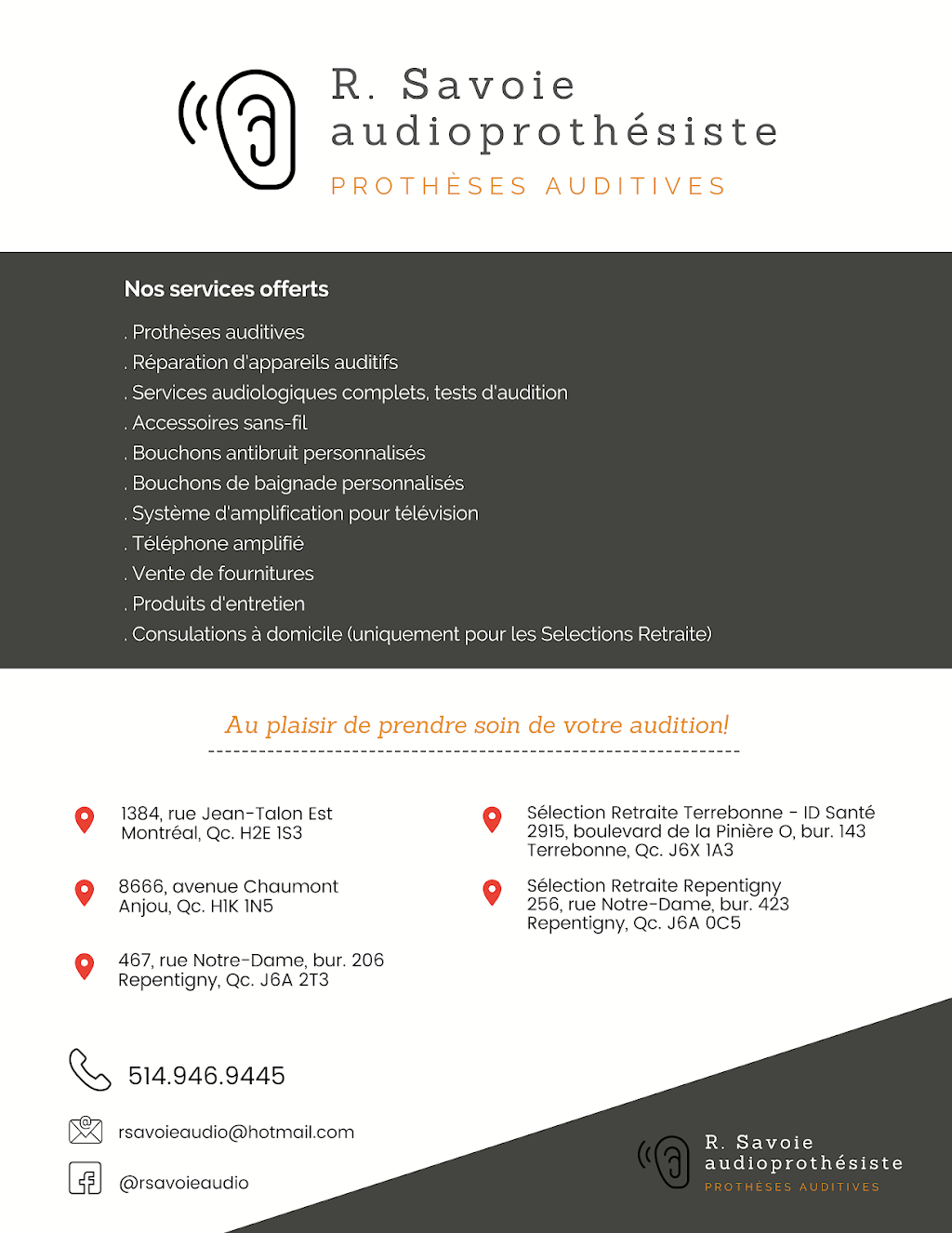 R. Savoie Audioprothésiste (Anjou) | 8666 Av. Chaumont, Anjou, QC H1K 1N5, Canada | Phone: (514) 946-9445