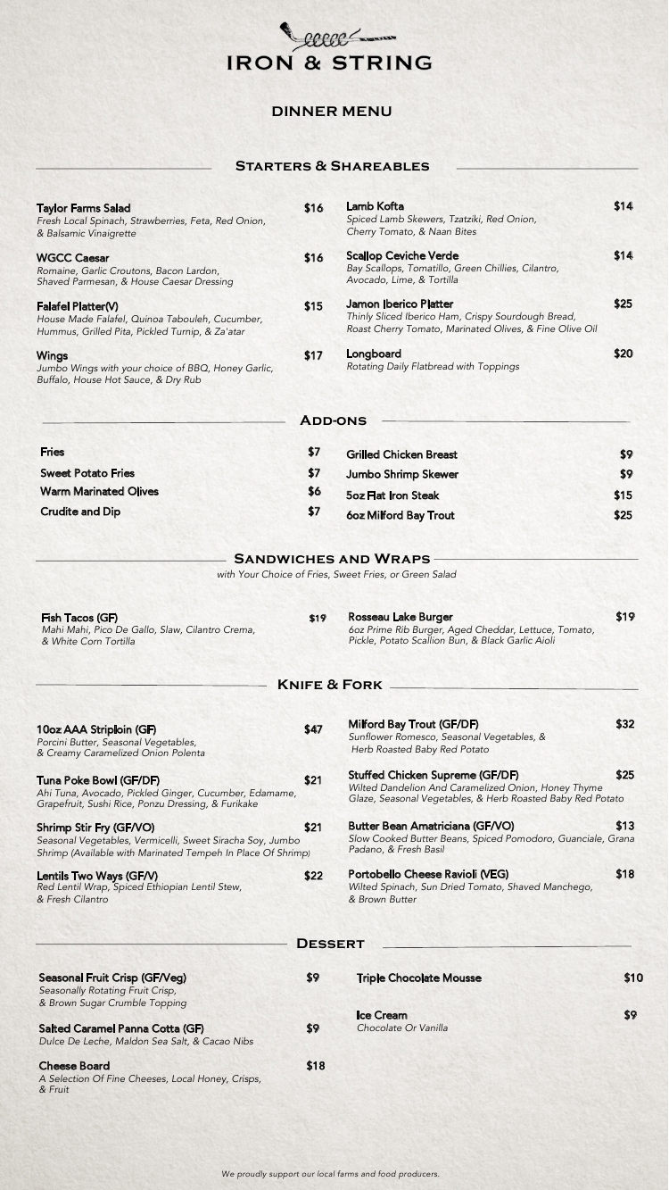 Iron and String Restaurant | 1012 Golf Ave Rd, Port Carling, ON P0B 1J0, Canada | Phone: (705) 769-3381