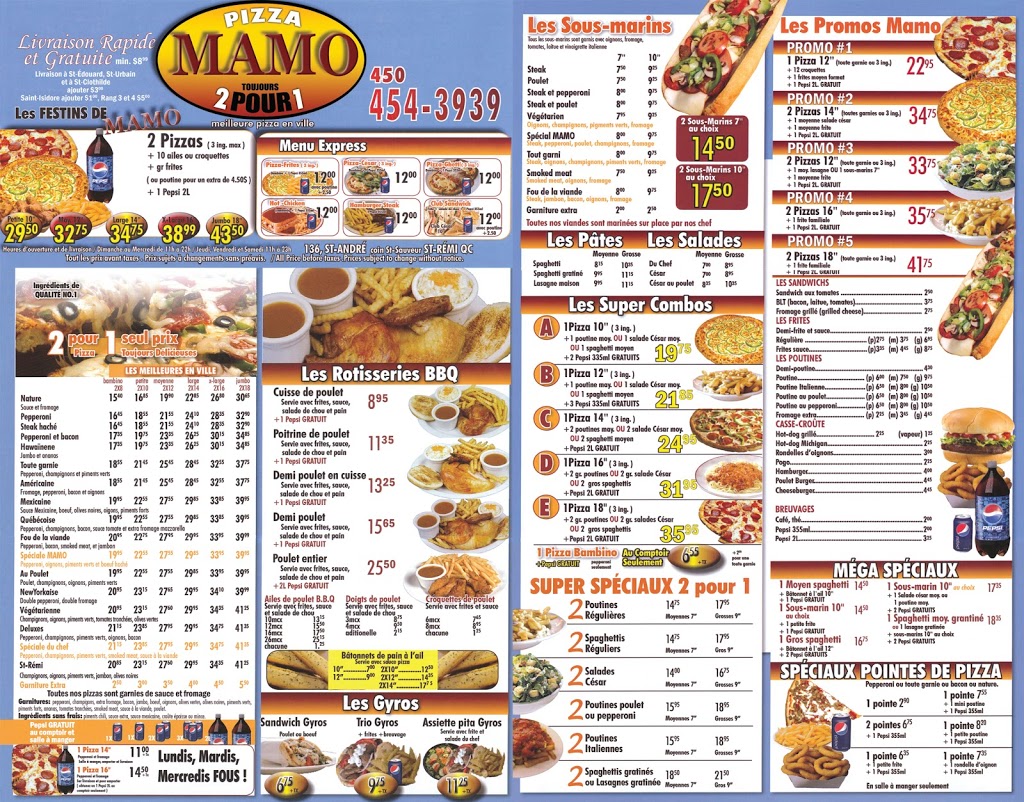 Pizza Mamo | 136 Rue Saint André, Saint-Rémi, QC J0L 2L0, Canada | Phone: (450) 454-3939