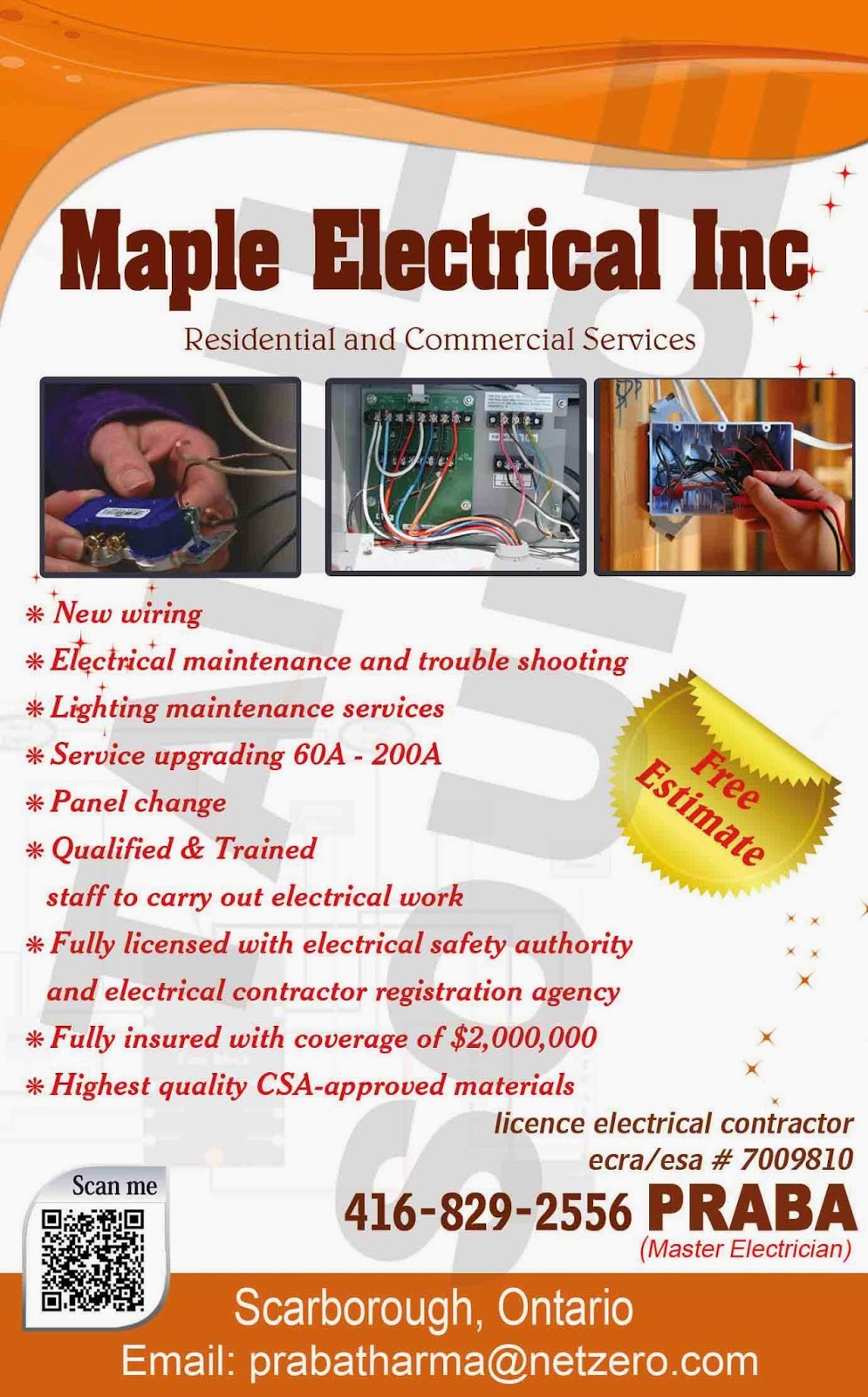 MAPLE ELECTRICAL INC.(electrical contractor) | 24 Baybrook Crescent, Scarborough, ON M1H 2R6, Canada | Phone: (416) 829-2556