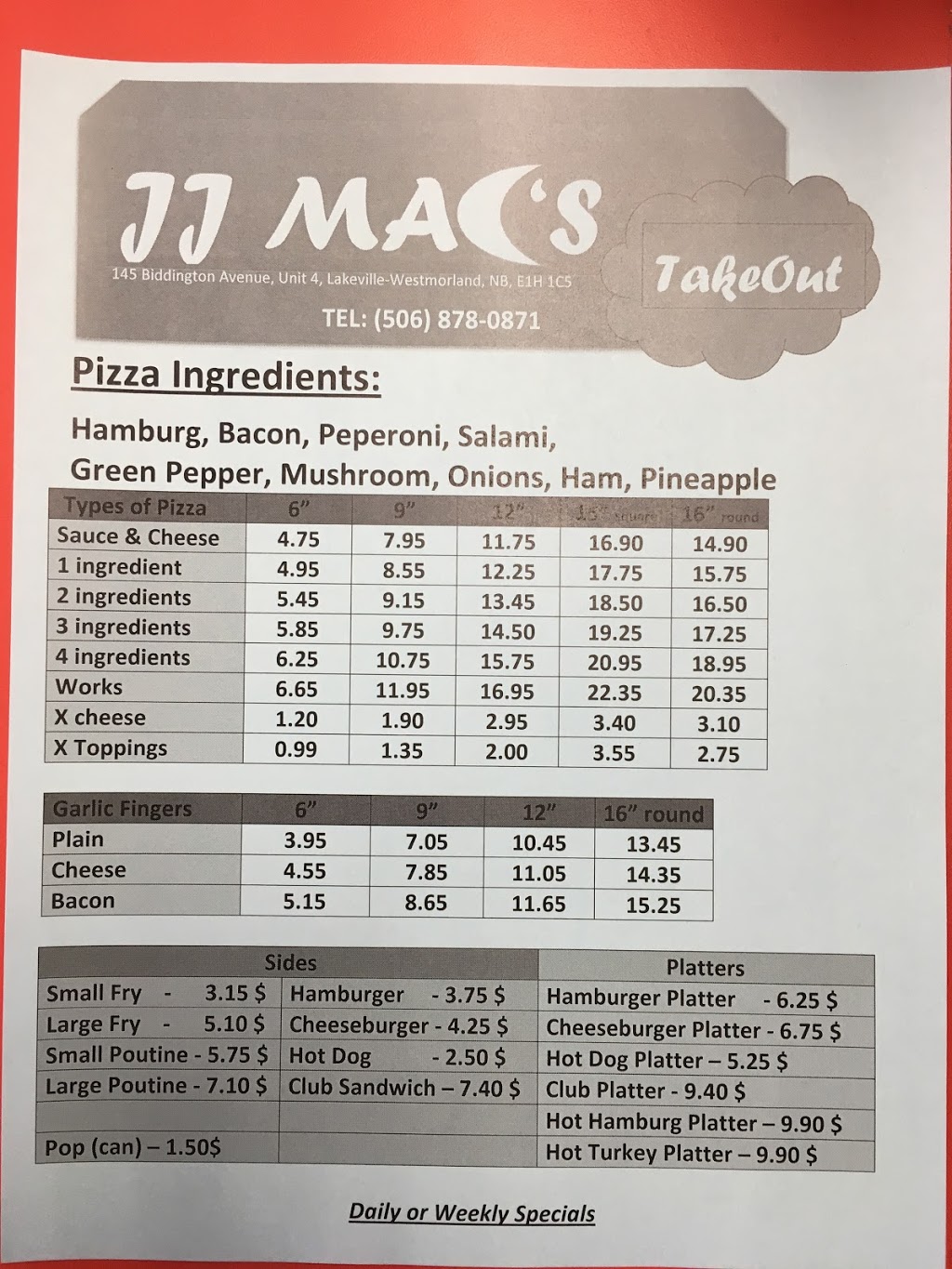 JJ Mac’s Takeout | 145 Biddington Ave #4, Lakeville, NB E1H 1C5, Canada | Phone: (506) 878-0871