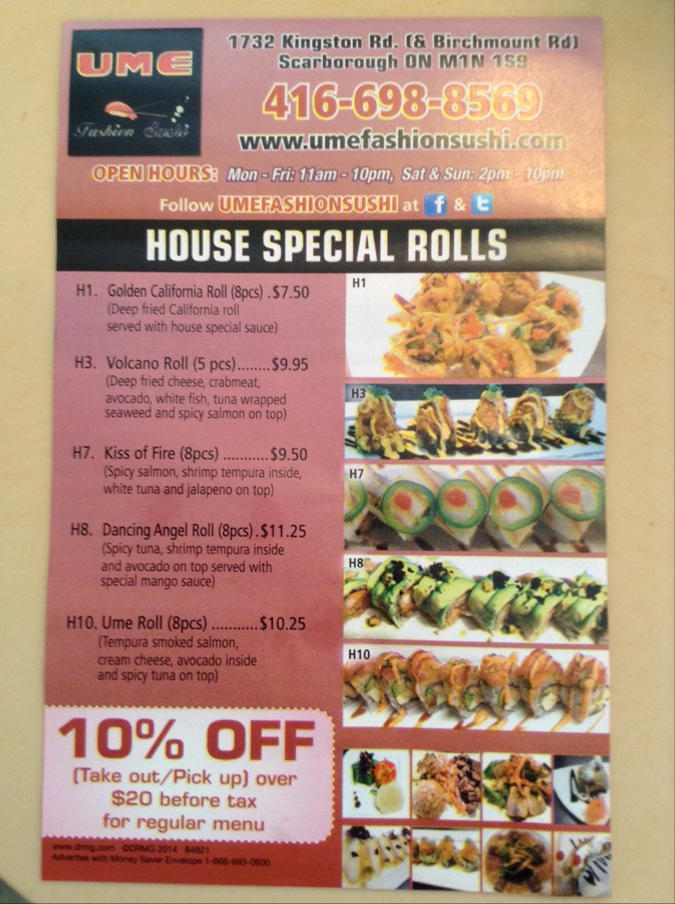 Ume Fashion Sushi | 1732 Kingston Rd, Scarborough, ON M1N 1S8, Canada | Phone: (416) 698-8569