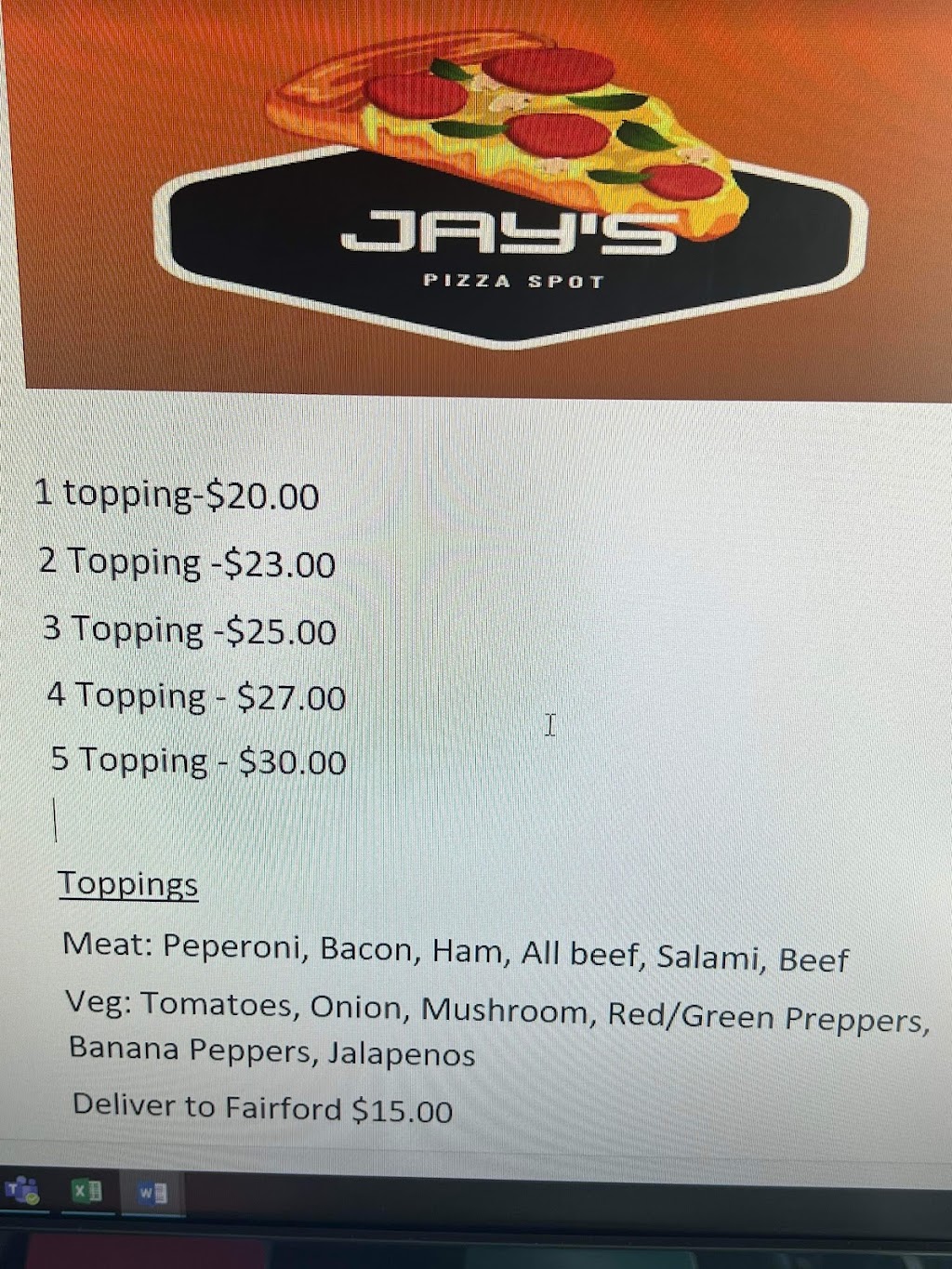 Jay’s Pizza Spot | 160 obushkudayang blvd, Lake st Martin, MB R2L 0W5, Canada | Phone: (204) 659-4590