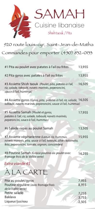Restaurant Samah | 920 Route Louis-Cyr, Saint-Jean-de-Matha, QC J0K 2S0, Canada | Phone: (450) 832-0133