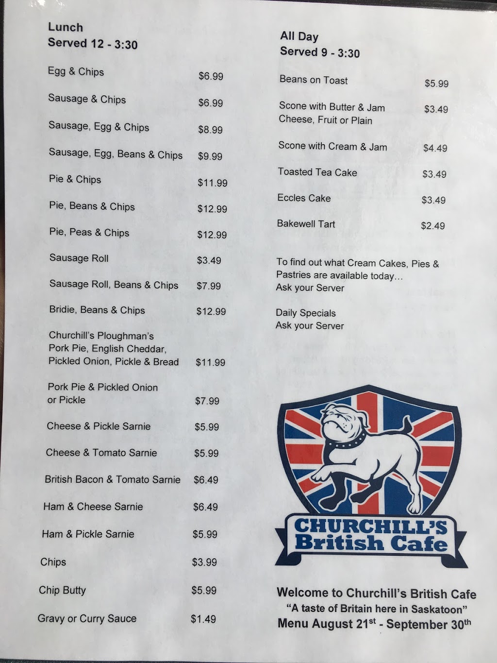 Churchills British Cafe | 1702 Idylwyld Dr N, Saskatoon, SK S7L 1B3, Canada | Phone: (306) 979-2748