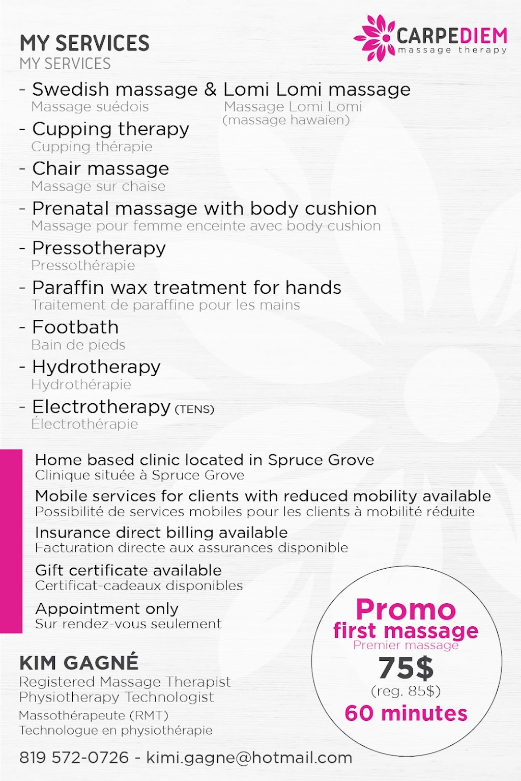 Carpe Diem Massage Therapy | 46 Hartwick Manor, Spruce Grove, AB T7X 0L8, Canada | Phone: (819) 572-0726