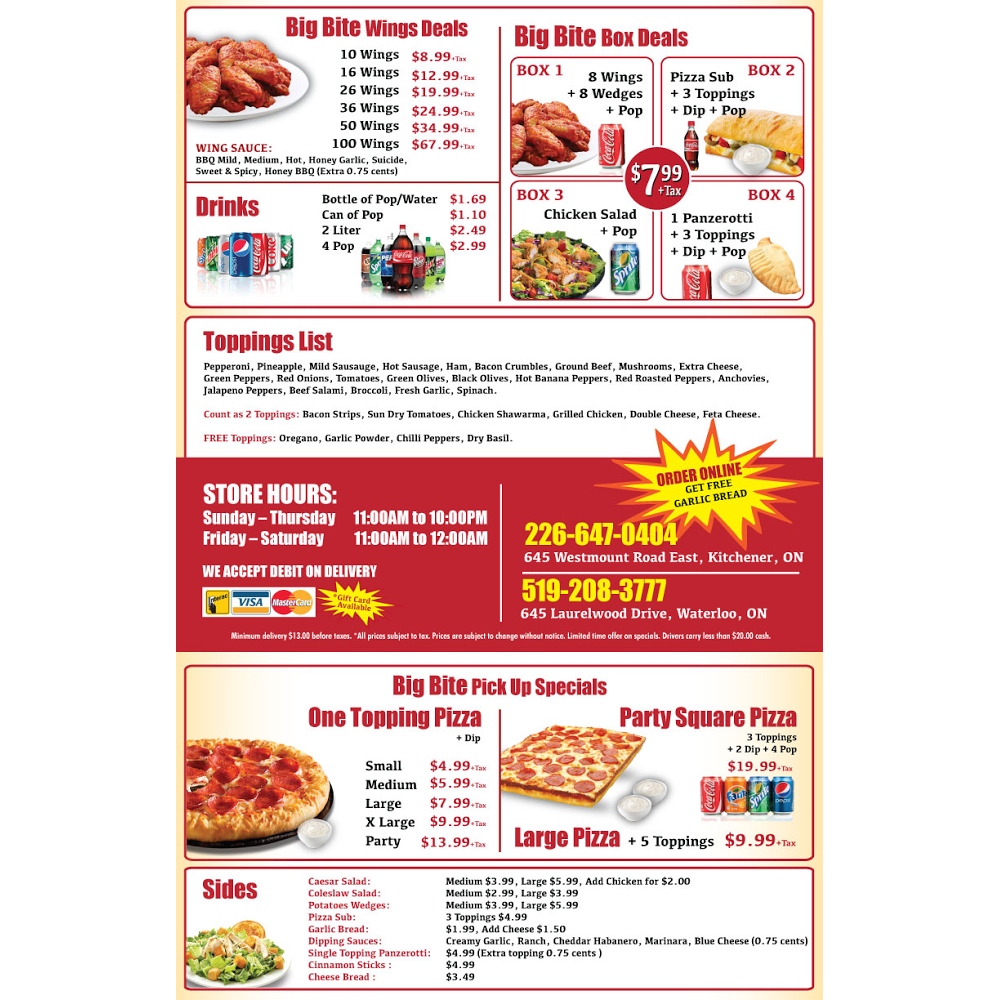 Big Bite Pizza + Wings | 645 Laurelwood Dr, Waterloo, ON N2V 2S9, Canada | Phone: (519) 208-3777