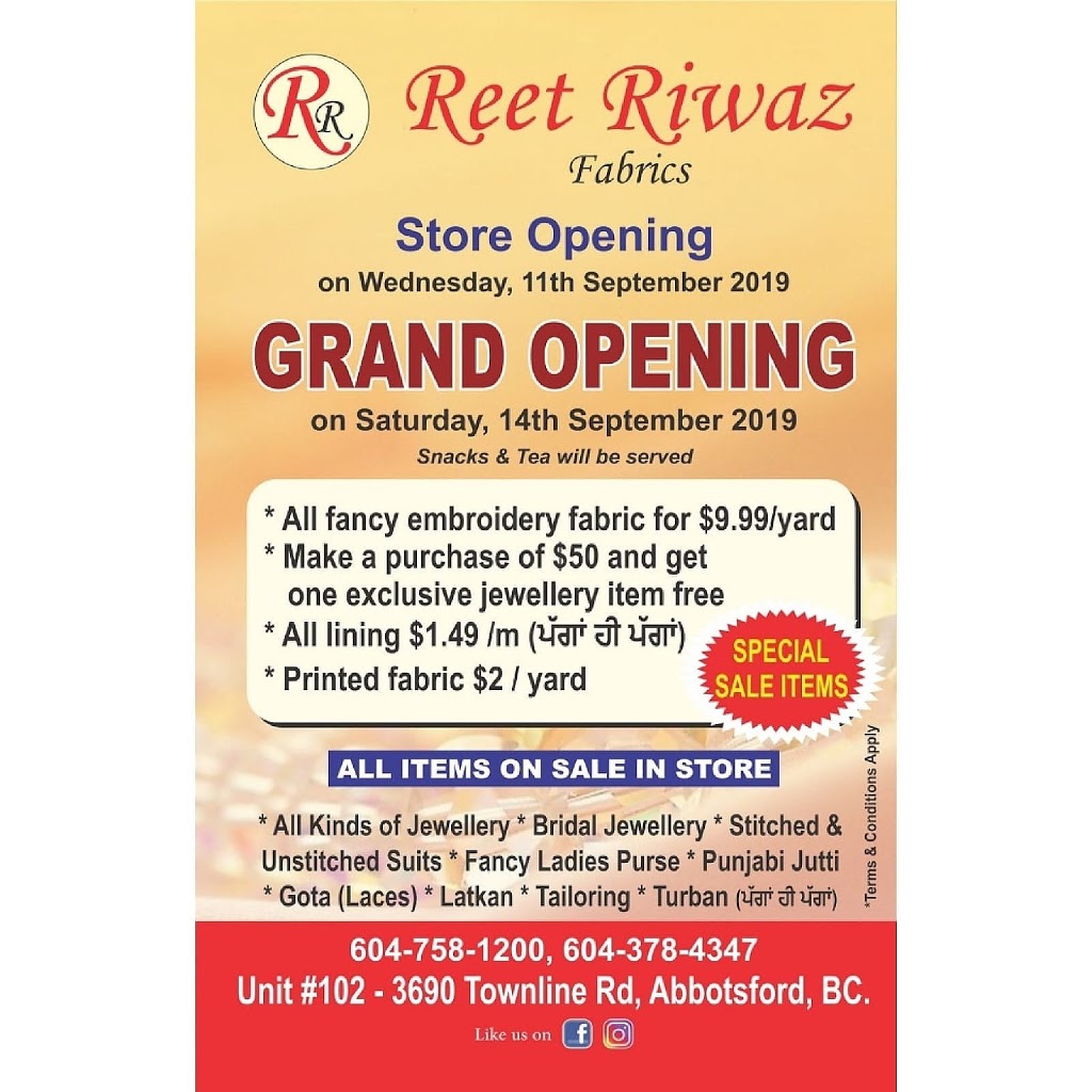 Reet Riwaz Fabrics | 102-3690 Townline Rd, Abbotsford, BC V2T 0G6, Canada | Phone: (604) 758-1200
