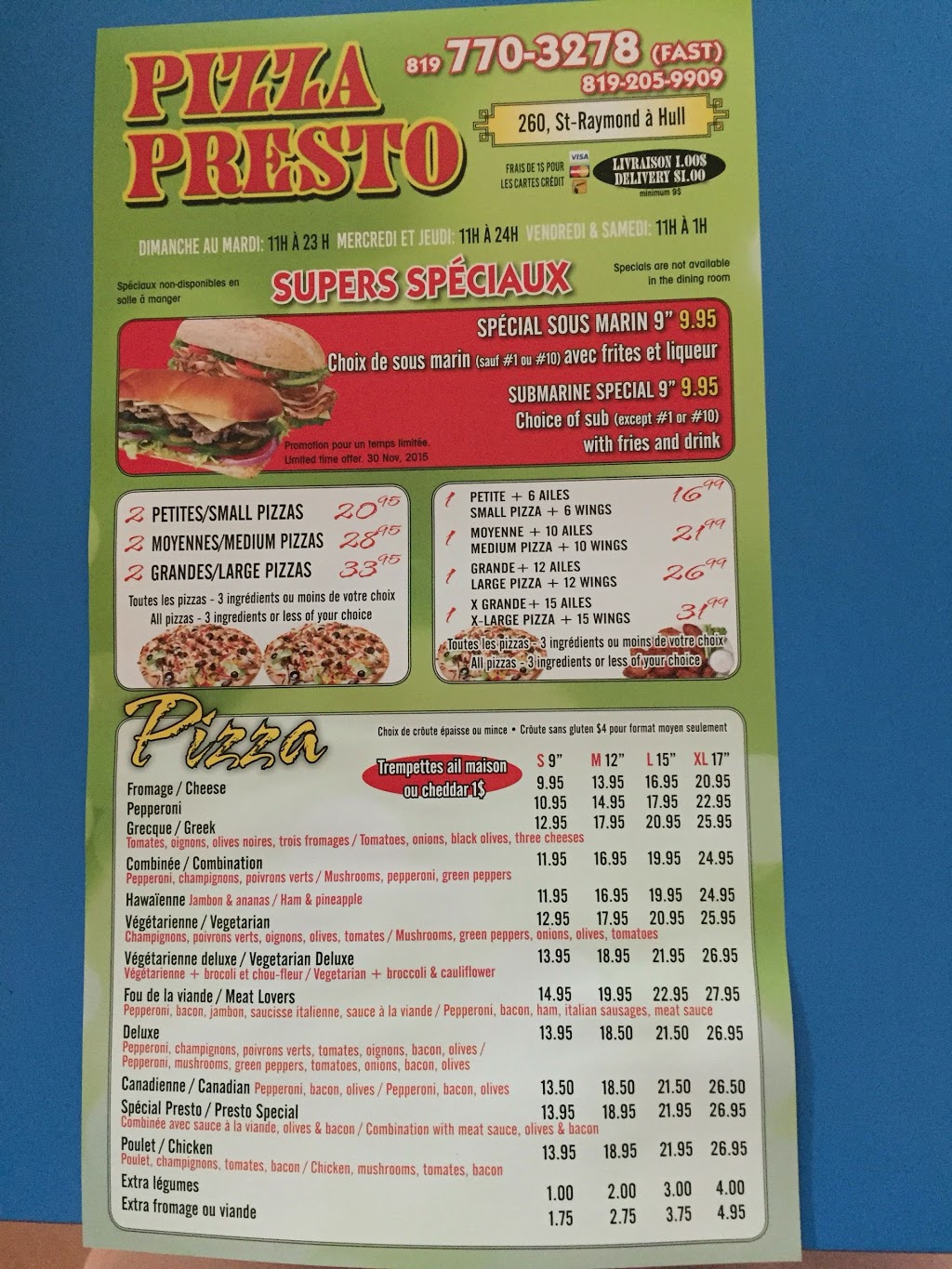 Presto Pizza | 260 Boulevard Saint-Raymond, Gatineau, QC J9A 3G7, Canada | Phone: (819) 770-3278