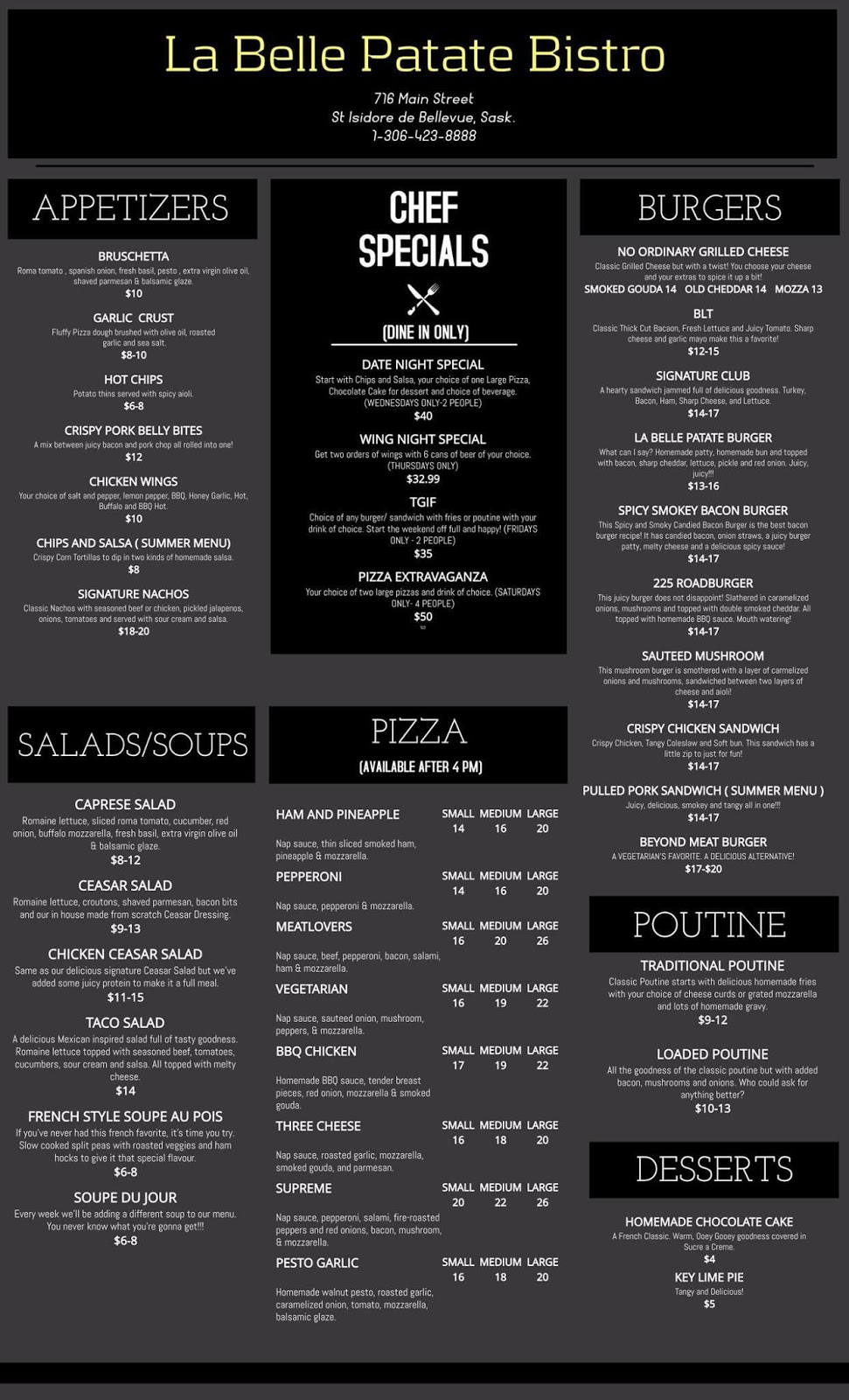La Belle Patate Bistro | 716 Main Street, Saint Isidore-de-Bellevue, SK S0K 3Y0, Canada | Phone: (306) 423-8888