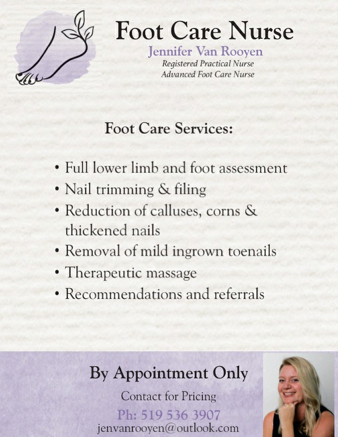 Jennifer VR Foot Care | 104 Glenn Ave N, Sweaburg, ON N4S 7V6, Canada | Phone: (519) 536-3907