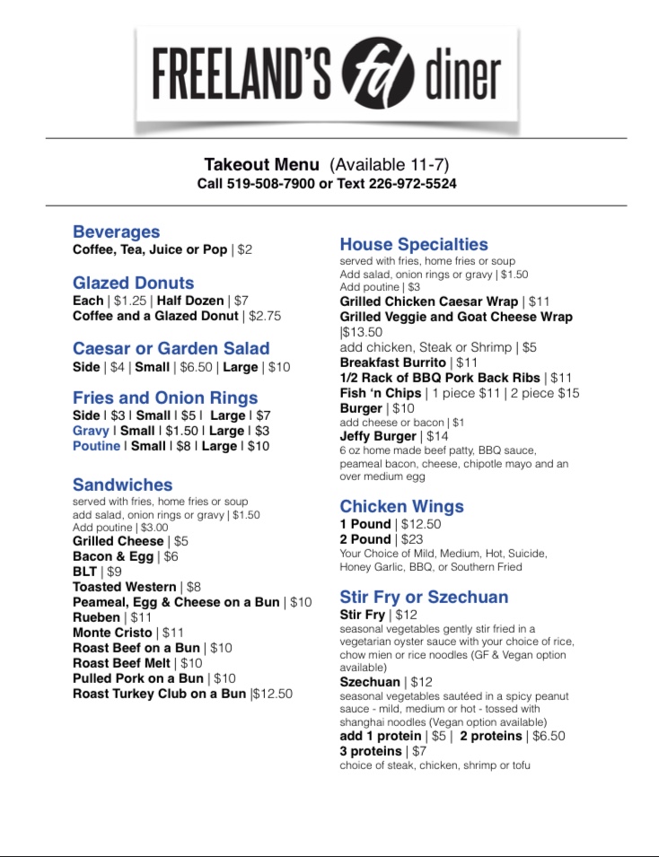 Freelands Diner | 817 Downie St, Stratford, ON N5A 1Y8, Canada | Phone: (519) 508-7900