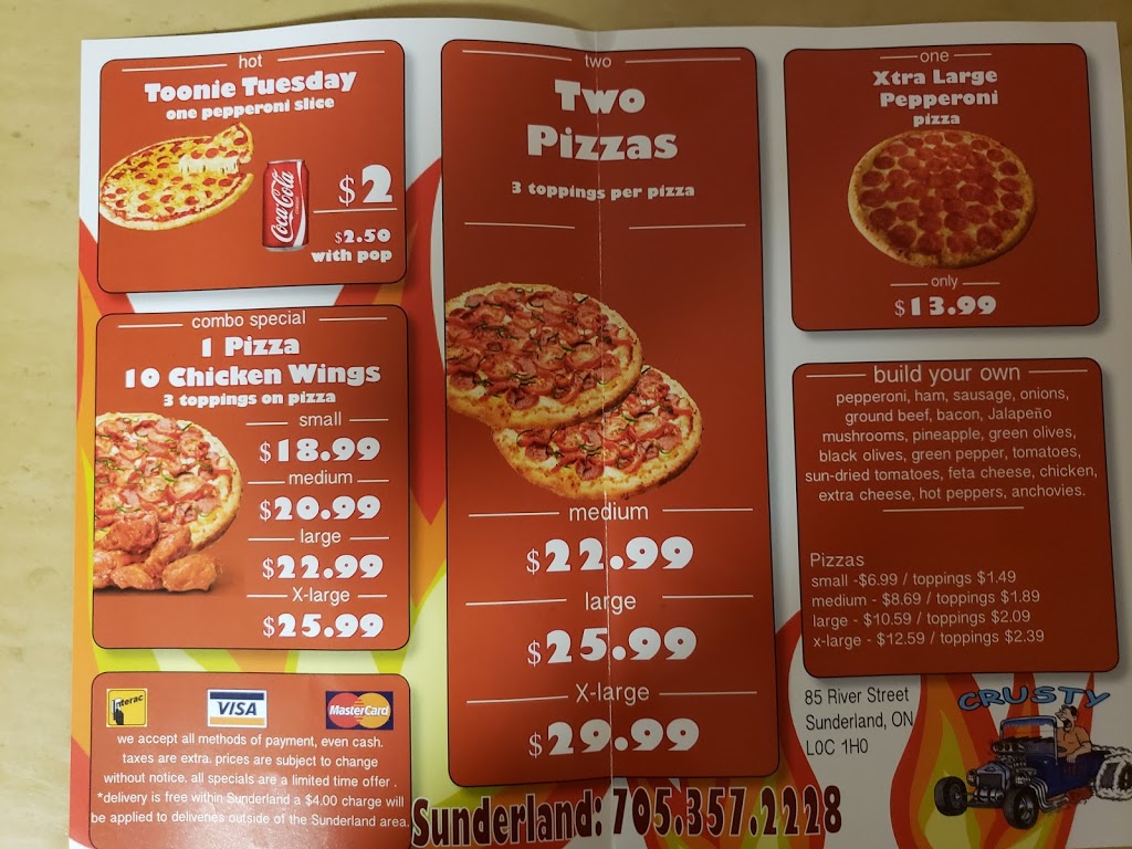 Crusty Pizza | 85 River St, Sunderland, ON L0C 1H0, Canada | Phone: (705) 357-2228