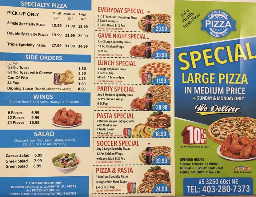 TOP IN TOWN PIZZA | 3250 60 St NE, Calgary, AB T1Y 3T5, Canada | Phone: (403) 280-7373