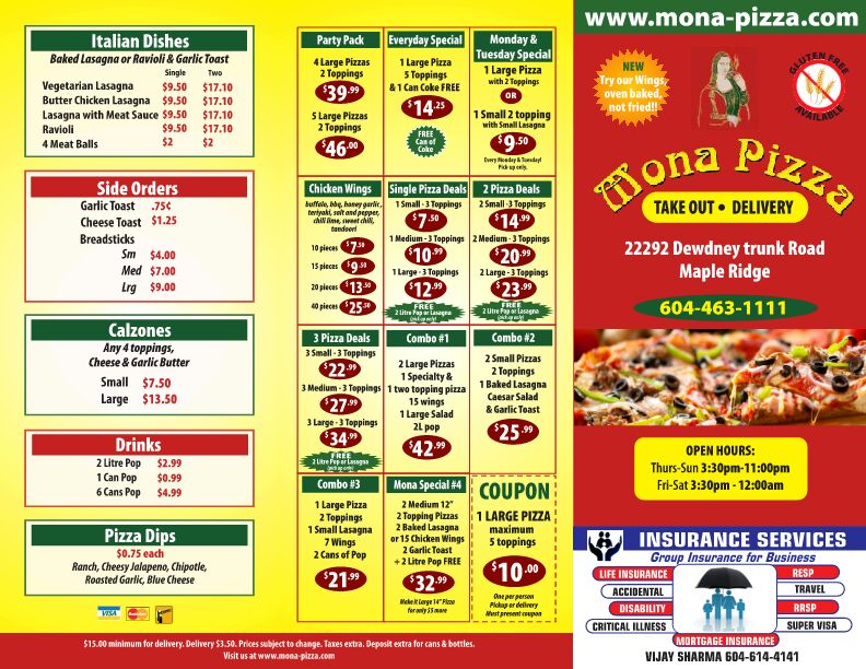 Mona Pizza and pasta | 22292 Dewdney Trunk Rd, Maple Ridge, BC V2X 3H9, Canada | Phone: (604) 463-1111