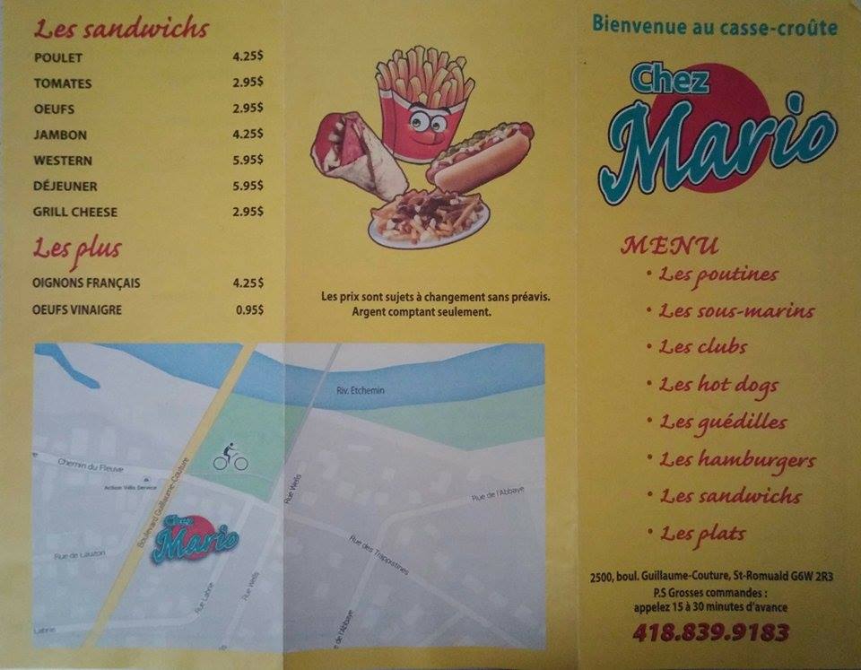 Casse-croûte Chez Mario | 2500 Boulevard Guillaume-Couture, Saint-Romuald, QC G6W 2R3, Canada | Phone: (418) 839-9183