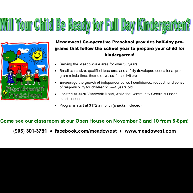 Meadowest Preschool | 3020 Vanderbilt Rd, Mississauga, ON L5N 4W8, Canada | Phone: (905) 301-3781